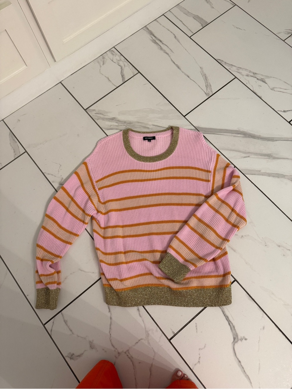 525 America Pink  Striped Crewneck Sweater with Gold Trim